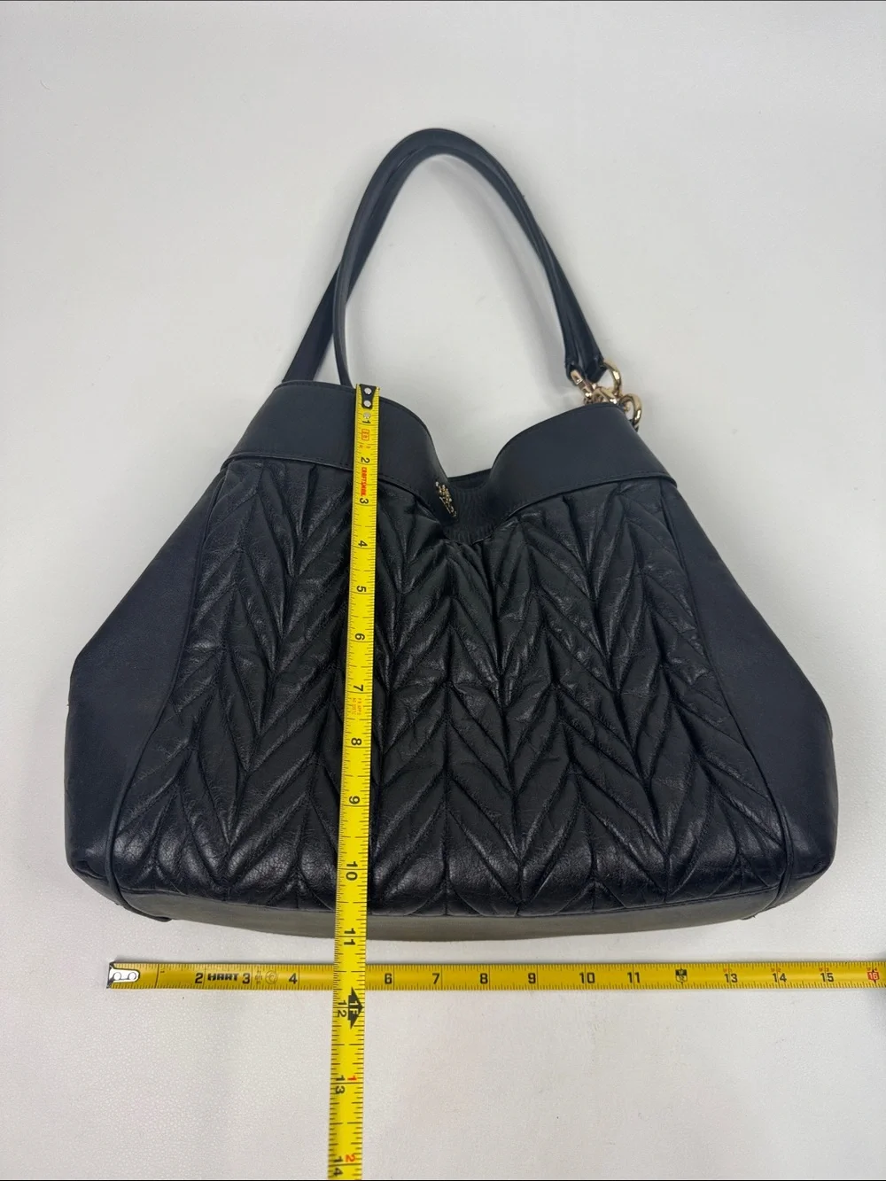 Coach Black Quilted Leather Shoulder Tote Bag Gold Hardware pockets Chain strap